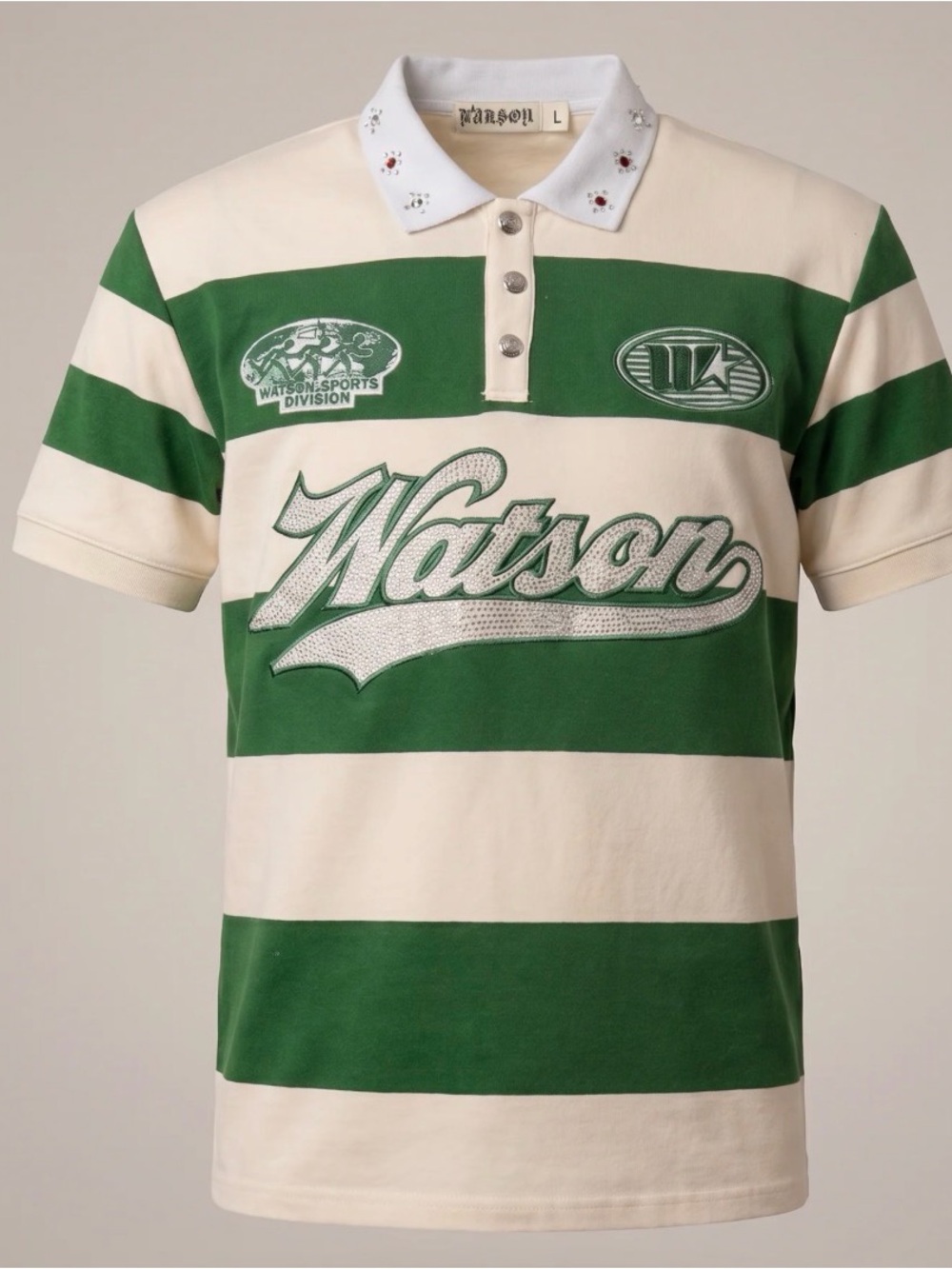 ❇️👕❇️ Watson Green  & Cream Striped Rhinestone Polo - S